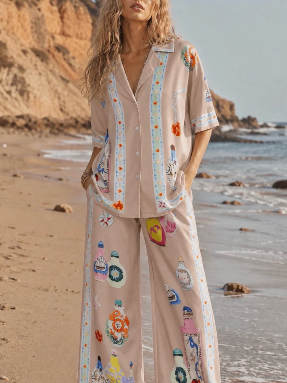 Boutique Perfume Print Button-Up & Wide-Leg Pants 2-Peice Set